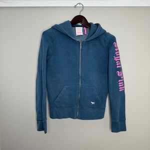 VS PINK Women's Full Zip Hoodie Sweatshirt Blue Royal Pink Logo Crest M Y2K